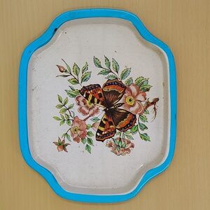 Butterfly on Tray vintage decor blue trim 7x6 painted serving tray home decor